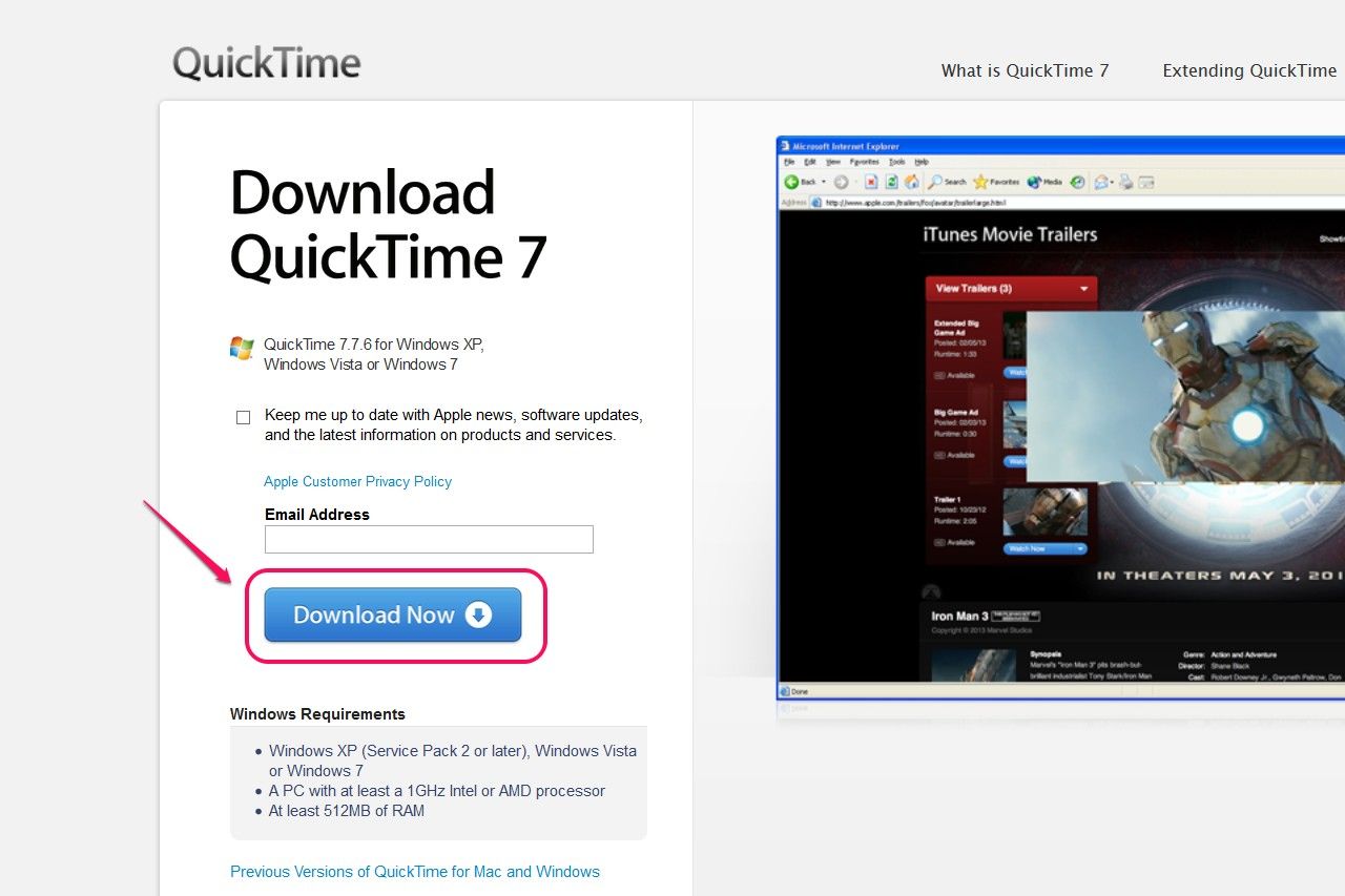 Télécharger QuickTime pour Windows à installer.