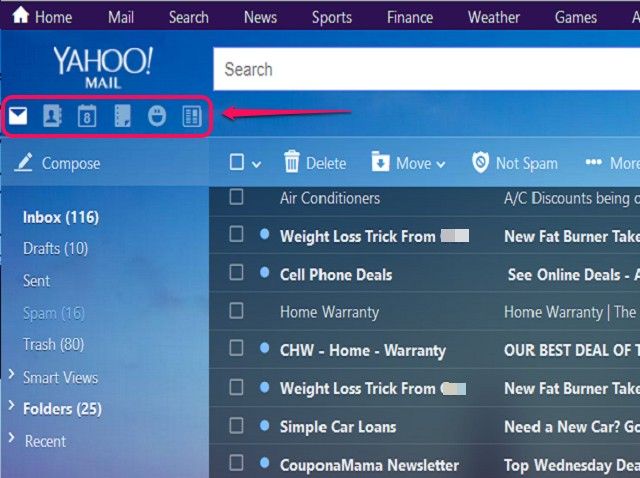 Mail est l'écran par défaut lorsque vous ouvrez Yahoo.