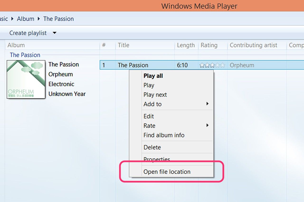 droit; cliquez sur une chanson dans Windows Media Player pour révéler son emplacement du fichier.