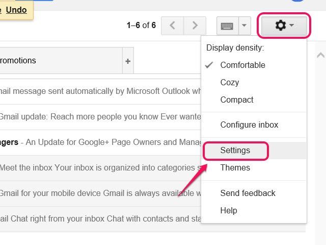 La barre d'outils Paramètres Gmail.