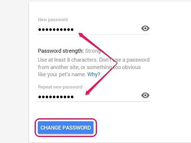 Un message confirmant le changement apparaît lorsque vous cliquez sur le bouton Changer de mot de passe.