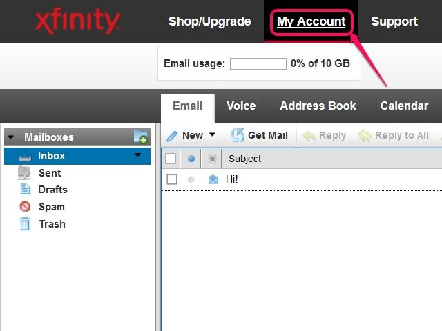 Le lien Mon compte apparaît également au sommet de la page d'accueil Xfinity.