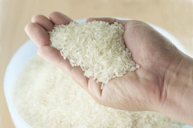 Une main tient riz sec
